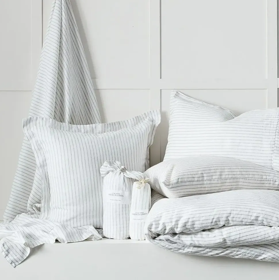 Antwerp Linen Fitted Sheet - White & Charcoal